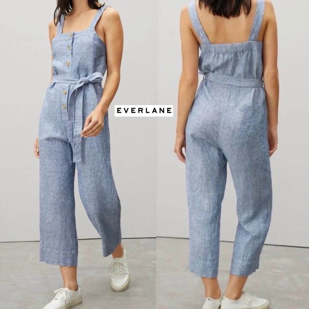Everlane The Linen Picnic Jumpsuit 100% Linen Pinstripe Blue White Wide Leg 4